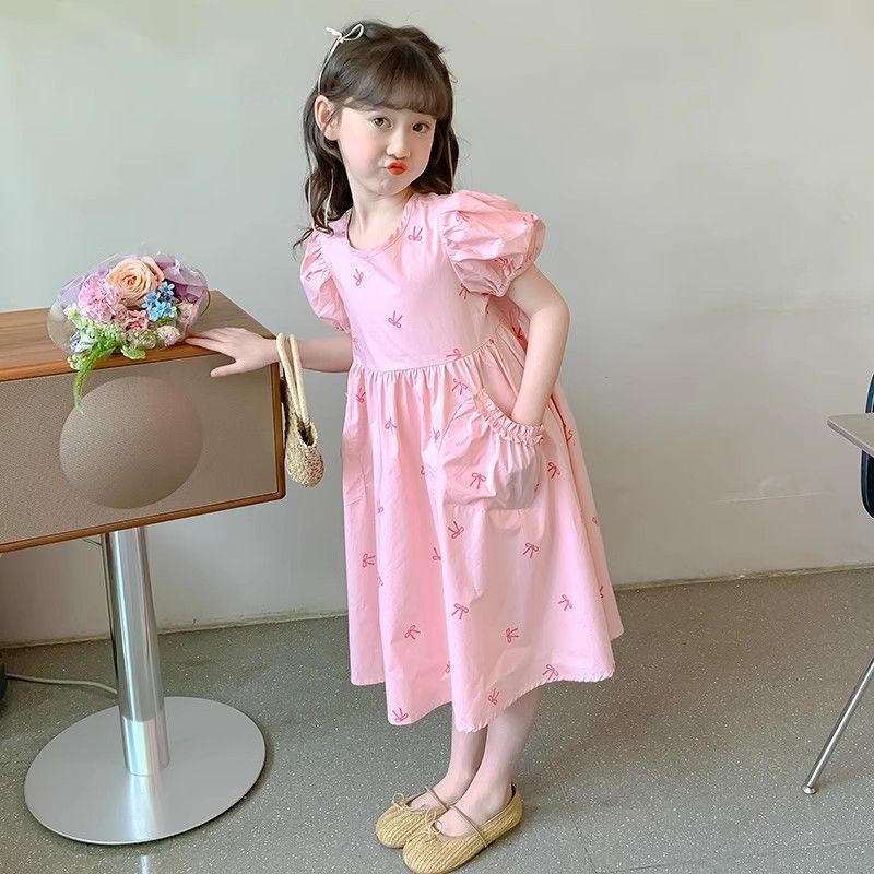 Girls Flower Summer Internet Celebrity Skirt Medium and Large Children Round Neck Sweet Summer New Fashion Versatile Princess Dress