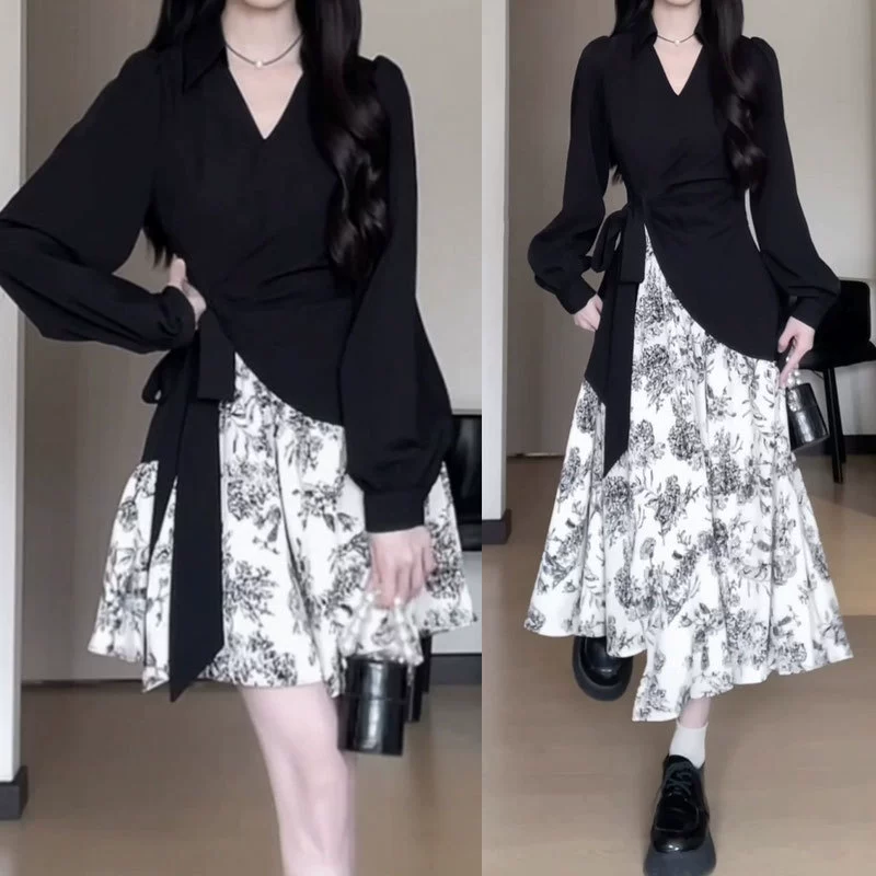 Женское платье с цветочным принтом нестандартного дизайна, осеннее миниатюрное длинное платье из двух частей с V-образным вырезом и завышенной талией.