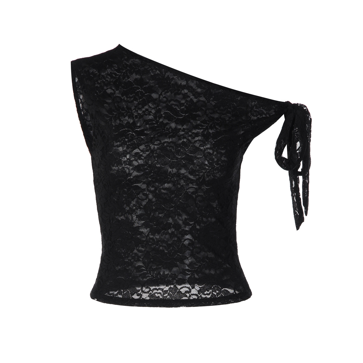 Europe, America 2026 Summer New Fashionable And Sexy Lace Mesh Composite Slim-fitting Semi-transparent Diagonal Neck Lace-up Top_ecoleips.com