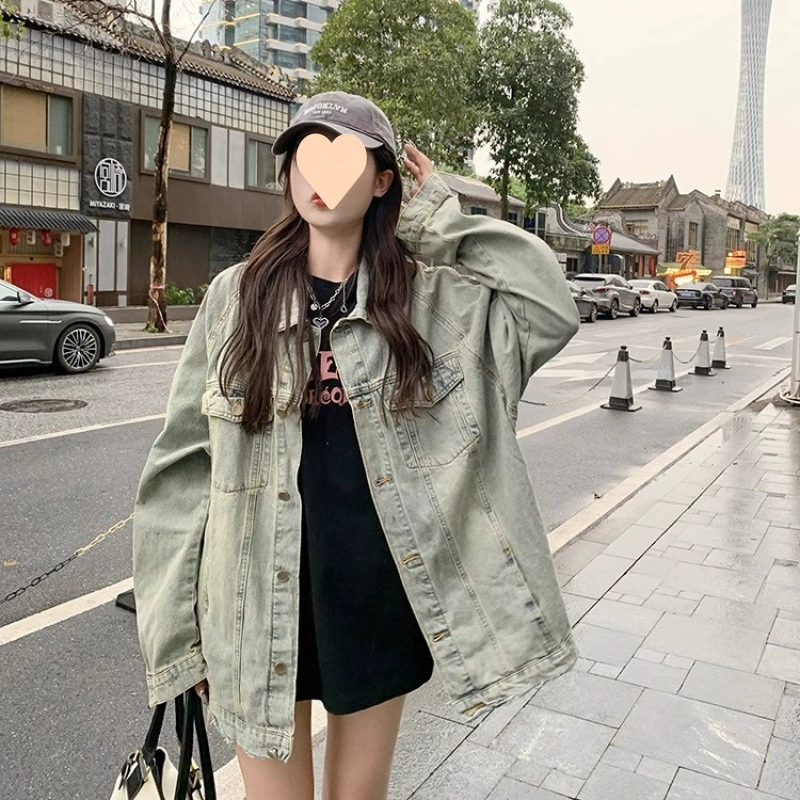 Retro denim autumn jacket for elementary school students, American style, plus size, oversize