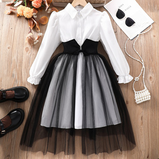 Cross-border new girls long sleeve lapel waist seal mesh stitching dress a generation of hair