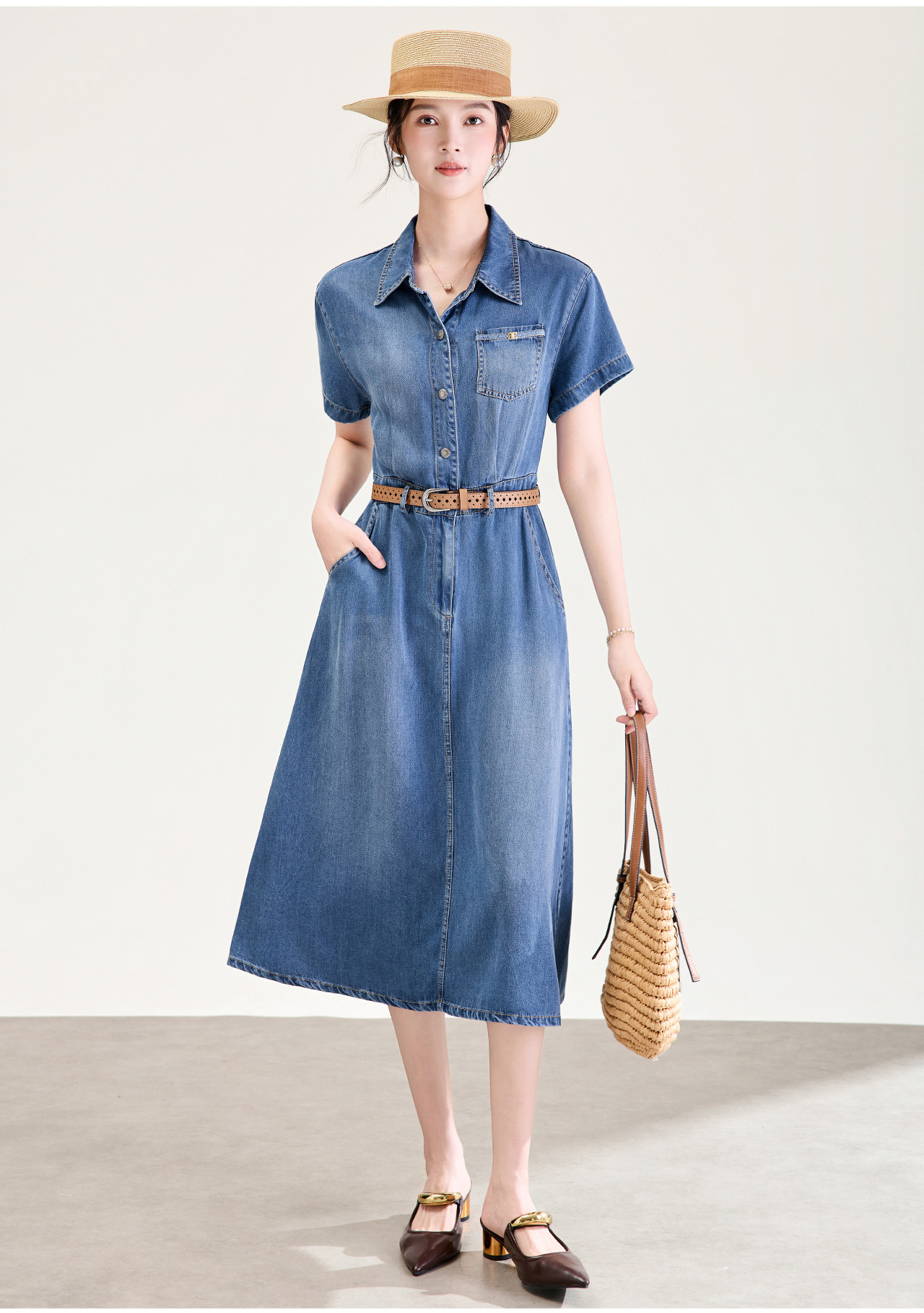 Váy denim nữ cạp cao dáng chữ A tay ngắn mùa hè — Cao bồi xanh chi tiết 4