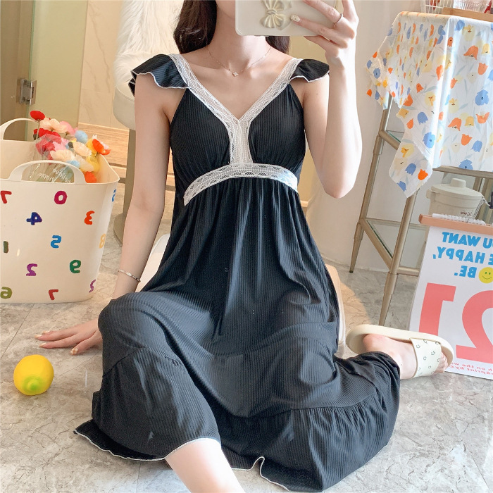 El comercio exterior 2023 camisón de verano pijamas delgados de las mujeres sexy sling Net punto rojo de longitud media con el pecho pad ropa para el hogar