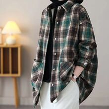 日系原单春秋经典格子拼色衬衫女宽松百搭气质中长款新品上衣2025