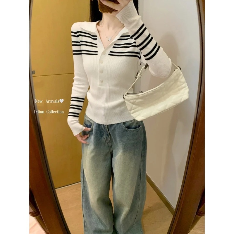 欧货Polo翻领条纹撞色长袖毛针织衫女秋冬季纯欲修身显瘦百搭上衣|undefined