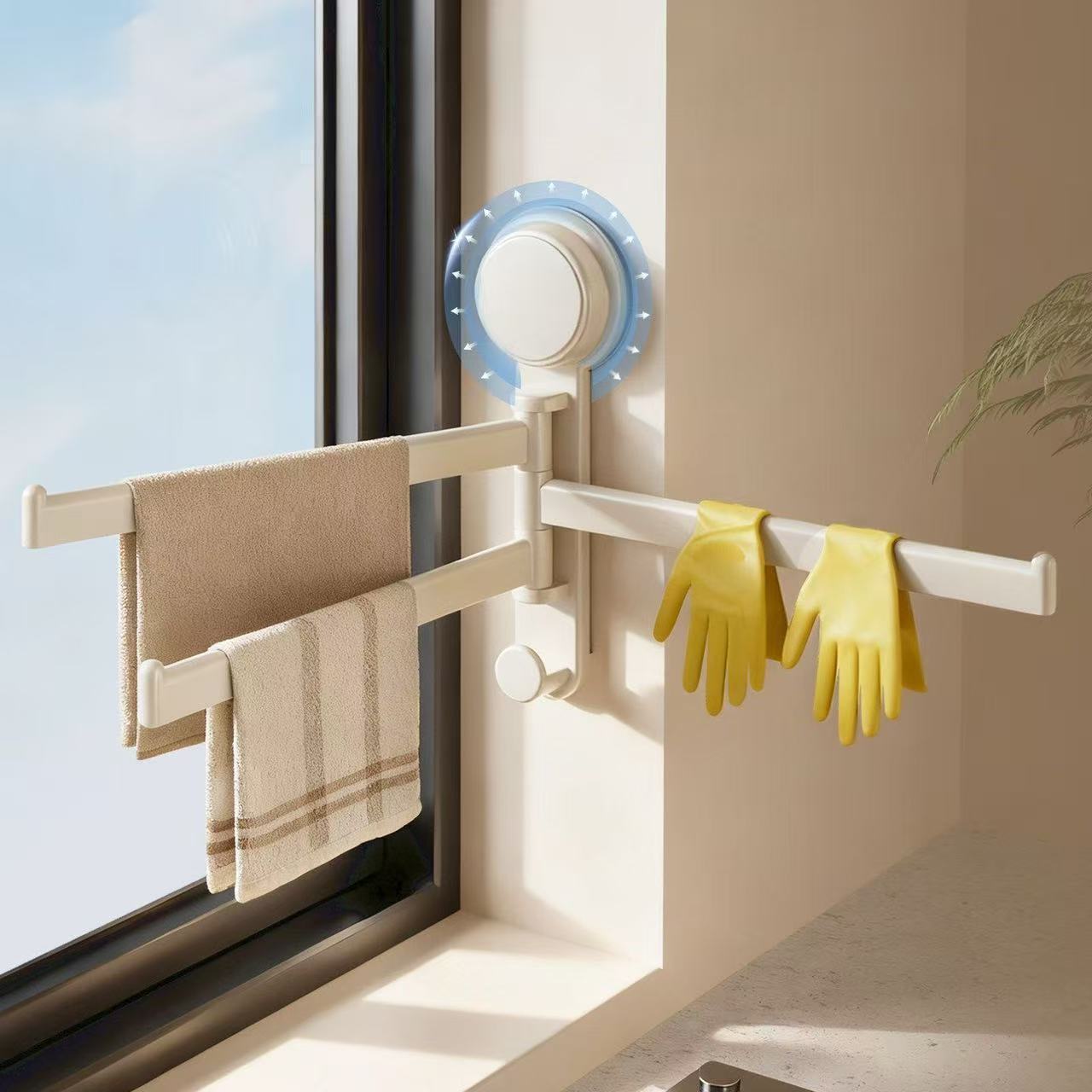 Suction cup rotating multi-bar towel rack, no-drill wall-mounted storage rack, kitchen window dishcloth draining storage rack