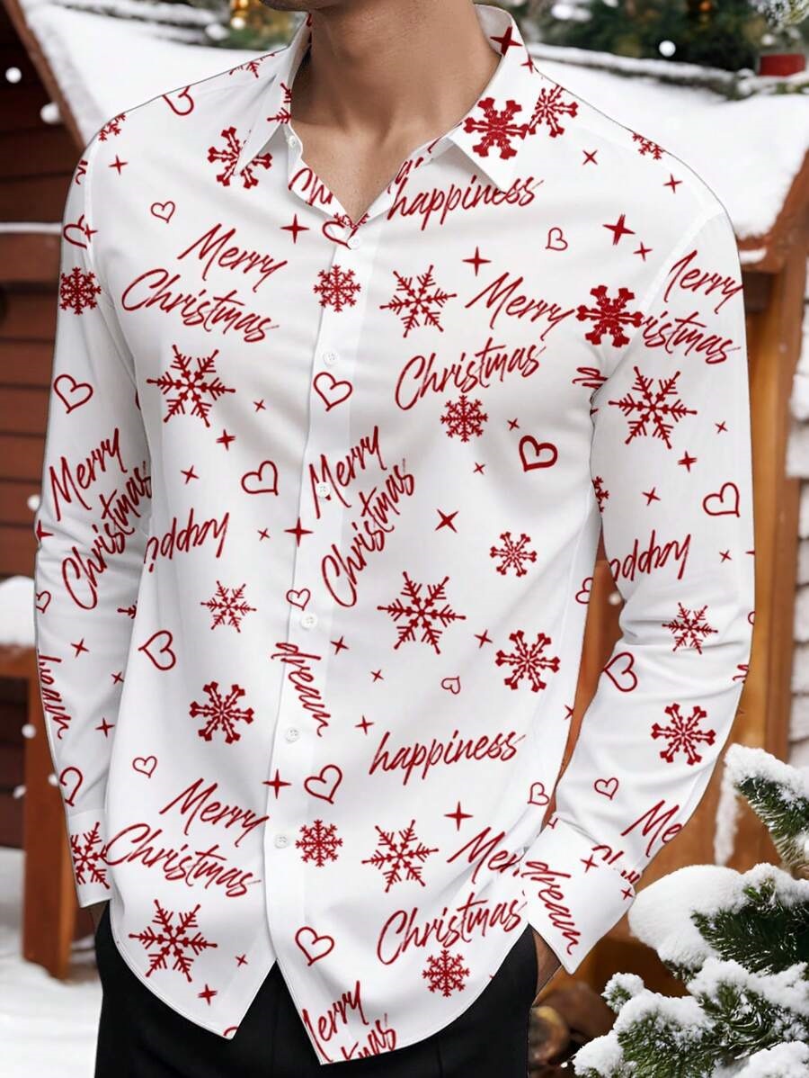 Romántico Navidad brillante copo de nieve 3D estampado hombre casual salvaje calle de manga larga solapa camisa con botones