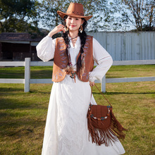 旅游度假民族风棕色麂皮绒正反两穿重工绣花马甲短款开衫外套穿搭