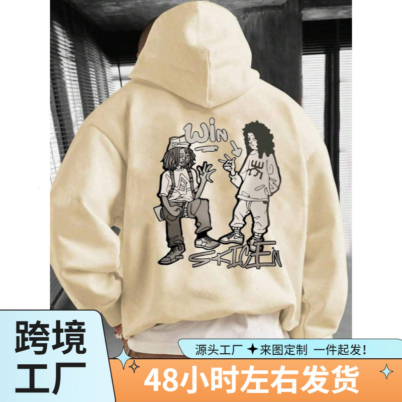 外贸男式2024秋冬欧美时尚街头袋鼠口袋圆抽绳印花连帽衫加绒卫衣