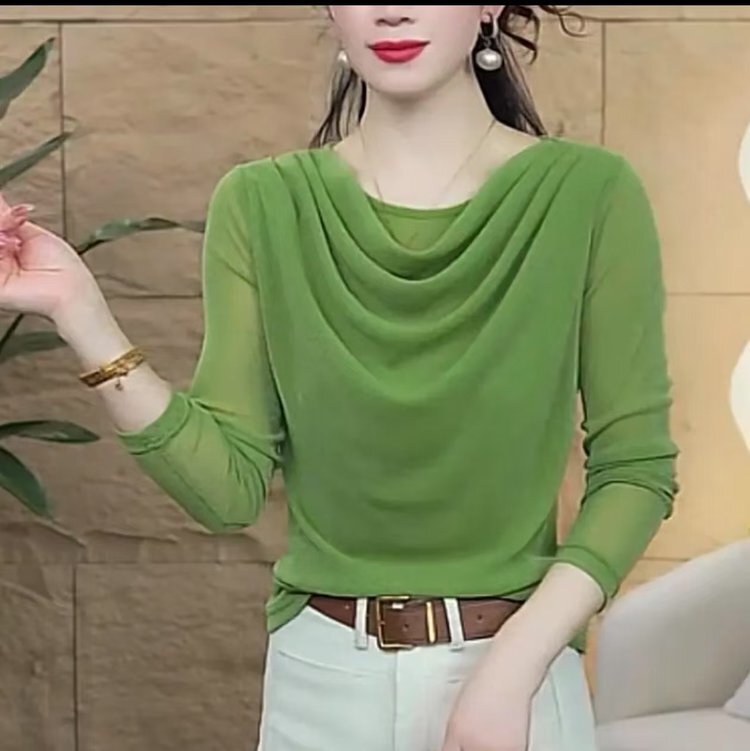 Dropshipping 2025 Autumn New Style Crew Neck Long Sleeve T-Shirt for Women, Stretch Mesh Base Shirt, Mom's Top