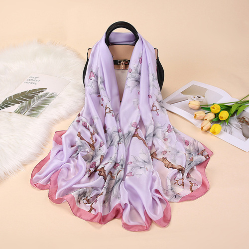 21 spring and summer elegant silk scarf sun protection scarf large shawl for women wholesale satin beach long scarf printed shawl
