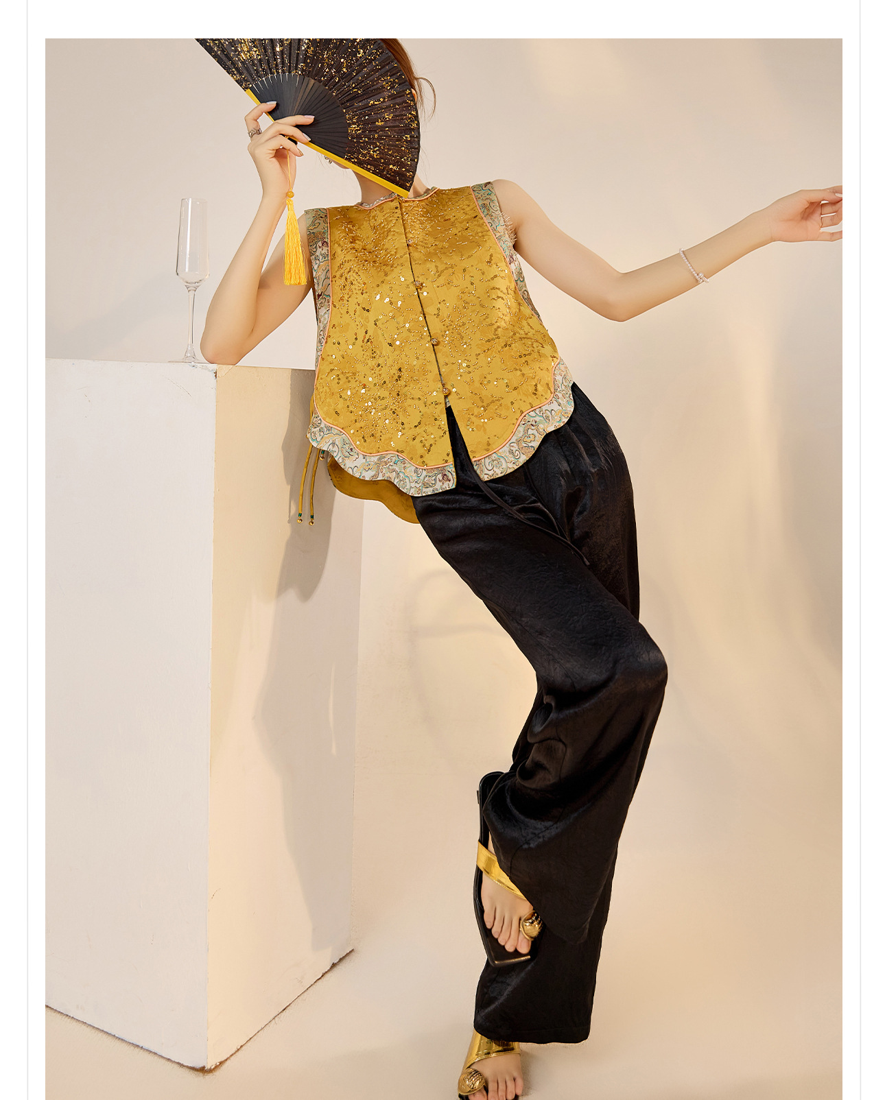 Áo vest gile nữ phong cách retro Tân Trung Hoa, cổ đứng, thêu đính hạt cườm tinh xảo — Vàng chanh chi tiết 14