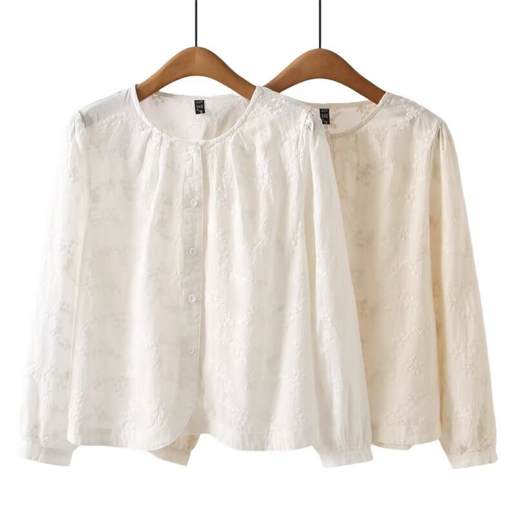 Large size women's top 2024 autumn new style fat girl fashionable age-reducing jacquard round neck washing cotton shirt 2416