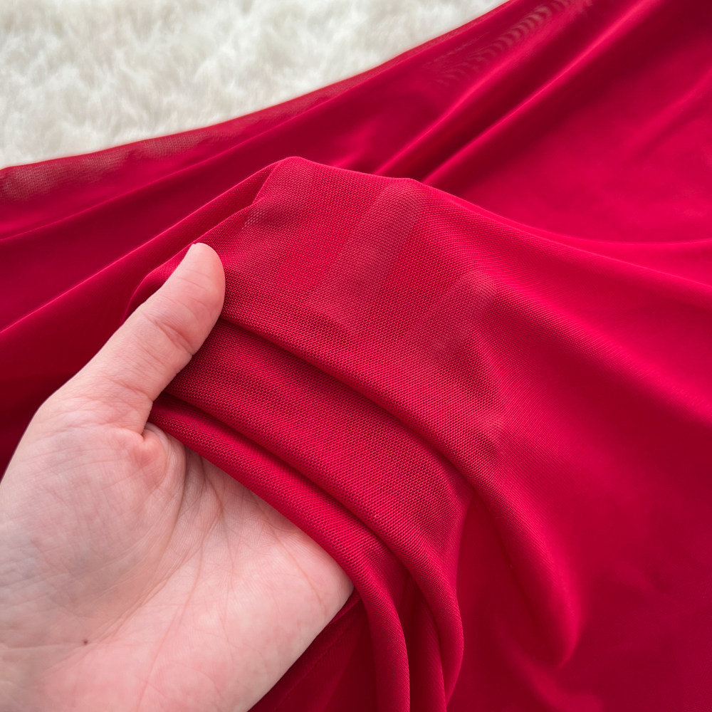 Elegant Red Short Sleeved Dress for Women Korean Style Pleated A-Line Long Skirt Sophisticated Flattering Slimming Work Dress_ecoleips.com