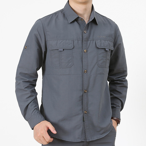 Outdoor military style long sleeve shirt autumn multi-pocket set wrinkle-resistant thin shirt men's workwear embroidered logo