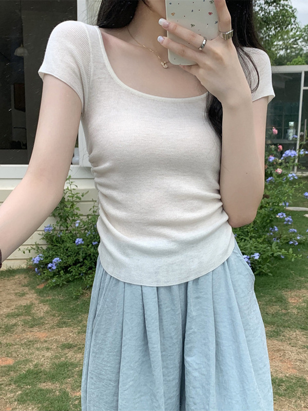 Pure Desire アイスシルクニットスクエアネック半袖 Tシャツ女の子夏のハイエンドフレンチスリム甘いホットガールショートトップ|undefined