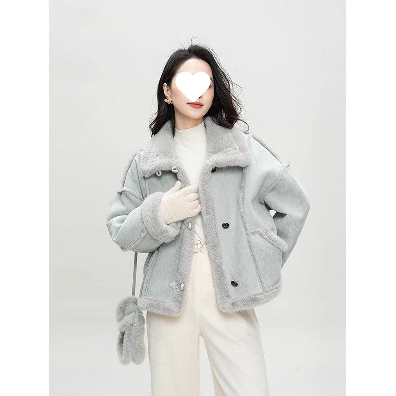 Petite Fur Patchwork Design Thickened Biker Jacket for Women, New Winter Loose Casual Stand Collar Blue Coat