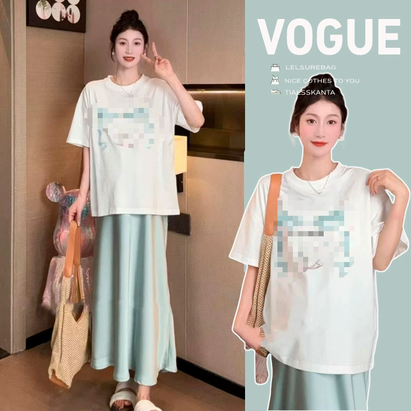 Пятно лето для беременных случайный бант маленький кролик короткие рукава T брюшная веревка атласная рыбий хвост юбка полуюбка