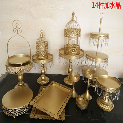 Decoración de mesa de postres de boda de oro, estante de pastel europeo, propósitos de boda, bandeja de pastel de encaje, estante de refrigerio de hierro forjado, 12 juegos