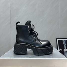 高定2025秋冬圆头复古十字花厚底增高马丁靴系带短靴骑士靴百搭女