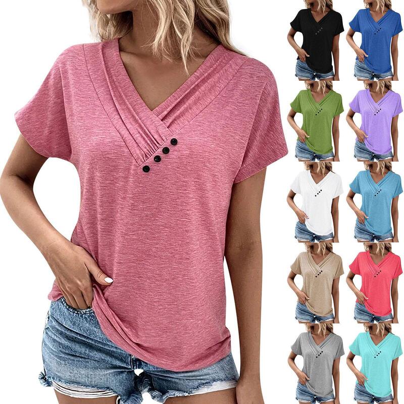 Cross-border Foreign Trade Amazon European and American Women's Casual V-neck Short-sleeved T-shirt Pleated Solid Color Button Top in stock