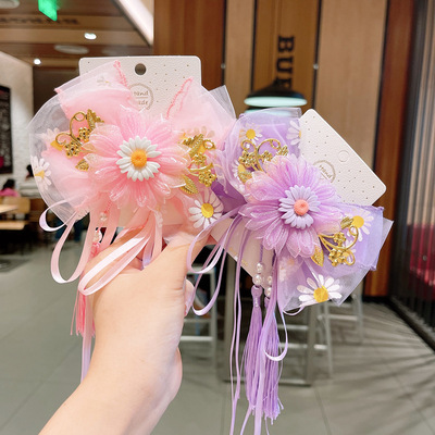夏季蝴蝶結發夾中國風漢服兒童發卡複古花朵發飾飄帶流蘇小女孩