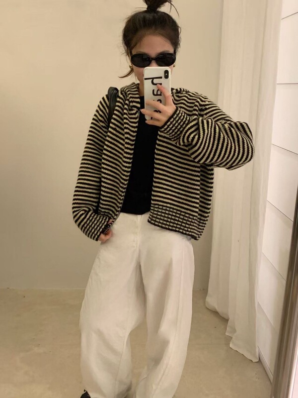 春秋冬季韩版拉链条纹连帽卫衣女宽松百搭针织衫慵懒复古毛衣外套|undefined