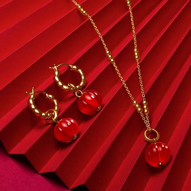 新圣蒂[新年礼物]红运小灯笼项链轻奢本命年颈链女新款耳环红灯笼