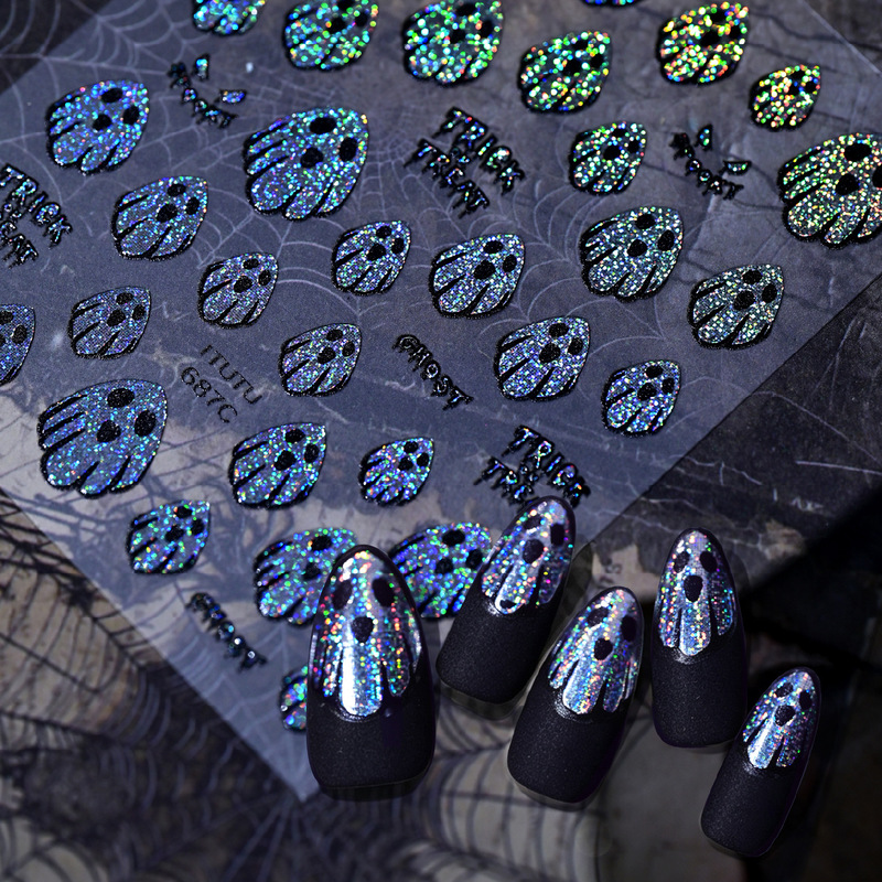 Cross-border new glittery ghost nail art stickers, dazzling Halloween-themed ghost nail stickers with adhesive backing, wholesale