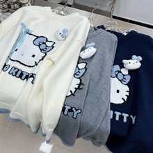 韩版卡通KT猫提花可爱长袖圆领毛衣女百搭宽松慵懒针织衫亲肤休闲