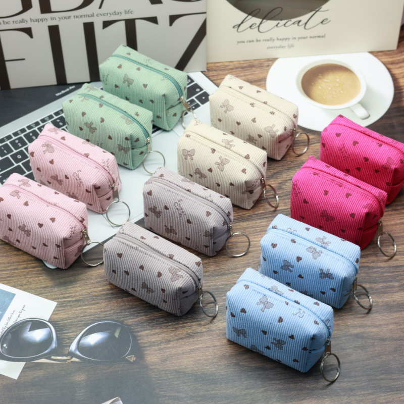 New Corduroy Coin Purse Pendant Bag Portable Small Wallet Bowknot Heart Coin Pouch Cross-Border Trade