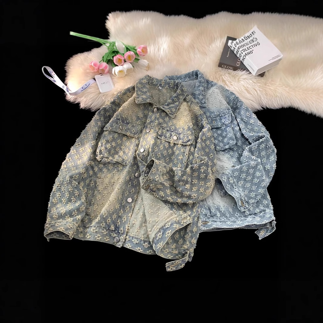 하이 엔드 자카드 데님 재킷 남자의 가을과 겨울 유행 브랜드 헤비 느슨한 재킷 2024 새로운 캐주얼 의류