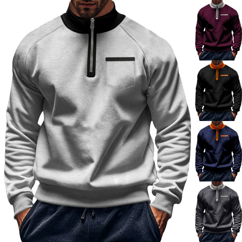 Men's clothing autumn and winter stand up collar pullover half zipper men's sports warm casual plus velvet sweatshirt_voghion.com