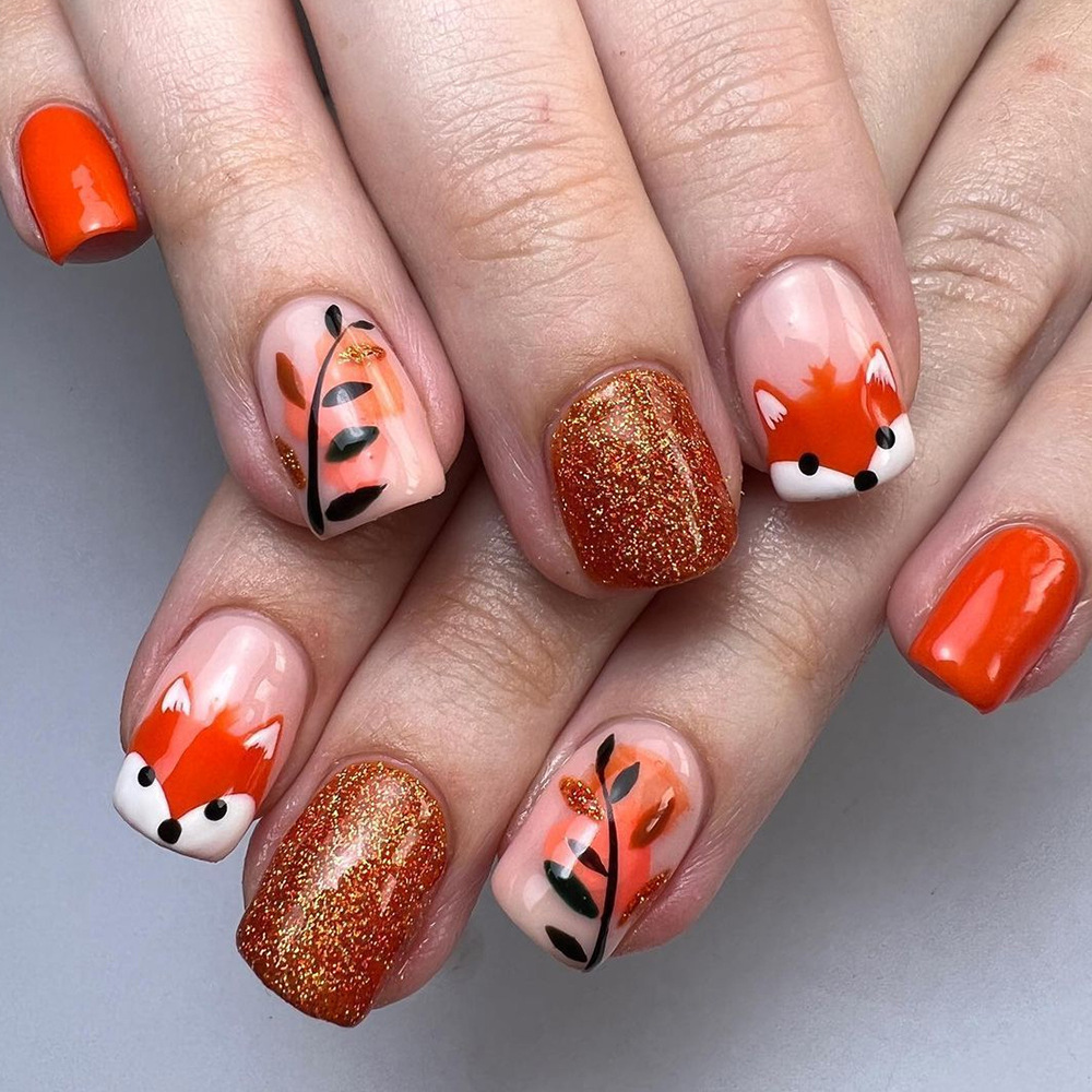 Ventas transfronterizas en caliente encantadoras uñas de zorro otoño ramas de polvo naranja para usar un parche de uñas 24 piezas de parche de uñas falsas image 1