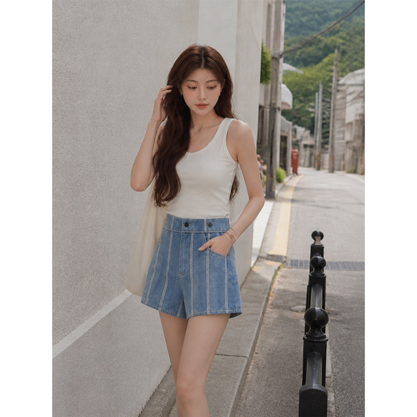 美式复古高腰竖条纹牛仔短裤女夏季休闲薄款宽松显瘦辣妹阔腿热裤
