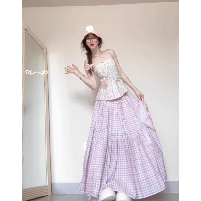 粉色格子半身裙女夏季薄2025新款高腰遮胯显瘦小个子a字蛋糕伞裙|undefined