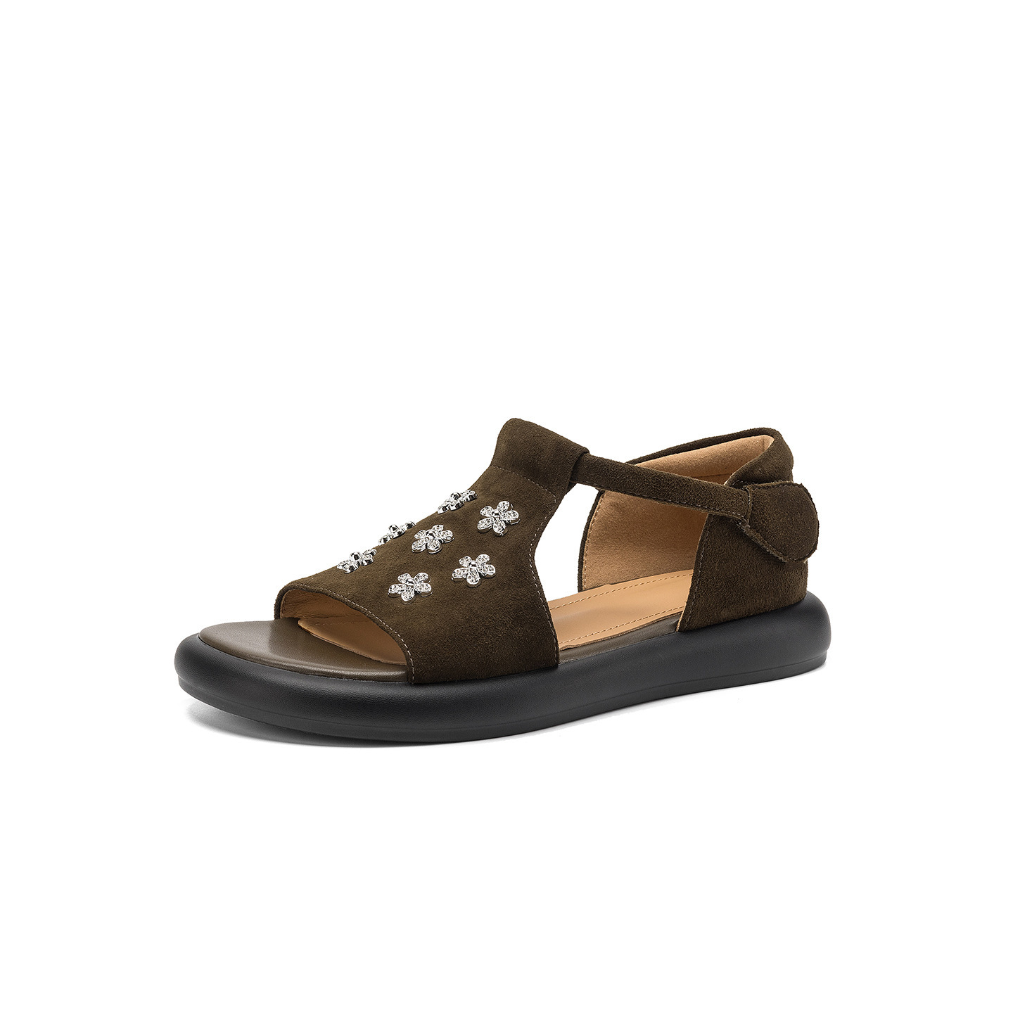 Sandal nữ hở mũi đế dày da cừu đính hoa đá — Màu xanh da trời
