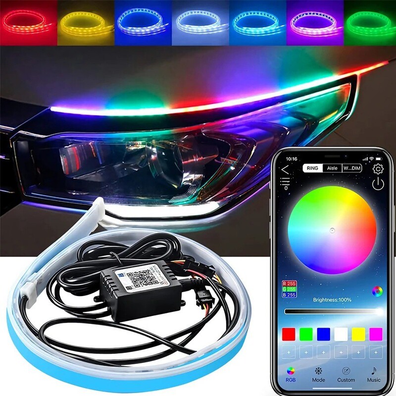 APP Colorful Car Daytime Light with Light Guide Strip LED Tearful Eye Light Streamer Horse Racing Decoration Soft Strip Light with Steering