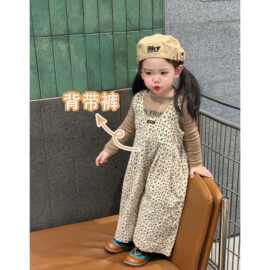 女童套装春款时髦炸街豹纹背带裤洋气宝宝外出服休闲...
