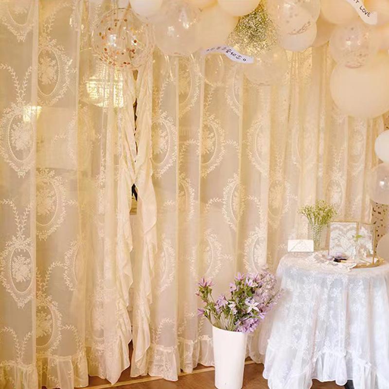 R5X French Lace Curtains Rococo Curtains Door Curtains Ins Style Bed Curtains Punch-Free Decorative Light-Transmitting Curtains with Retractable
