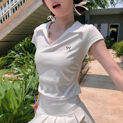 Polo Neck Pleated Embroidery Sexy Short Sleeve T-Shirt Women Summer Waist Cinch Slimming Underwear Short Style Women's T Shirt Wholesale 