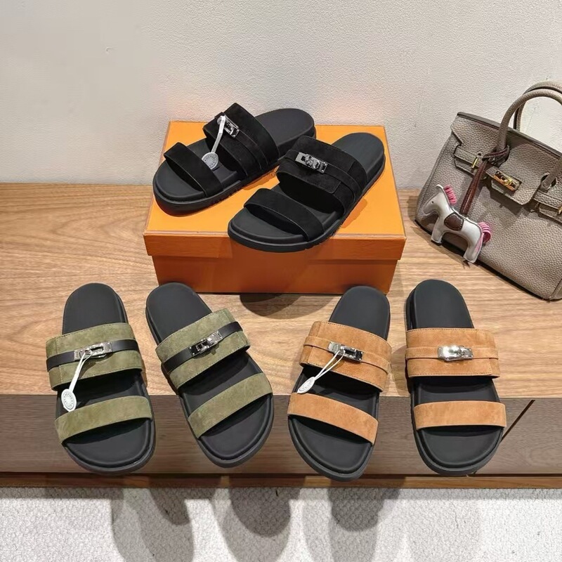 Guangzhou Summer New High Version Erjiu Sandals Suede Wide Straps Thick Sole Metal Lock Buckle Outer Wear Comfortable Men's Sandals