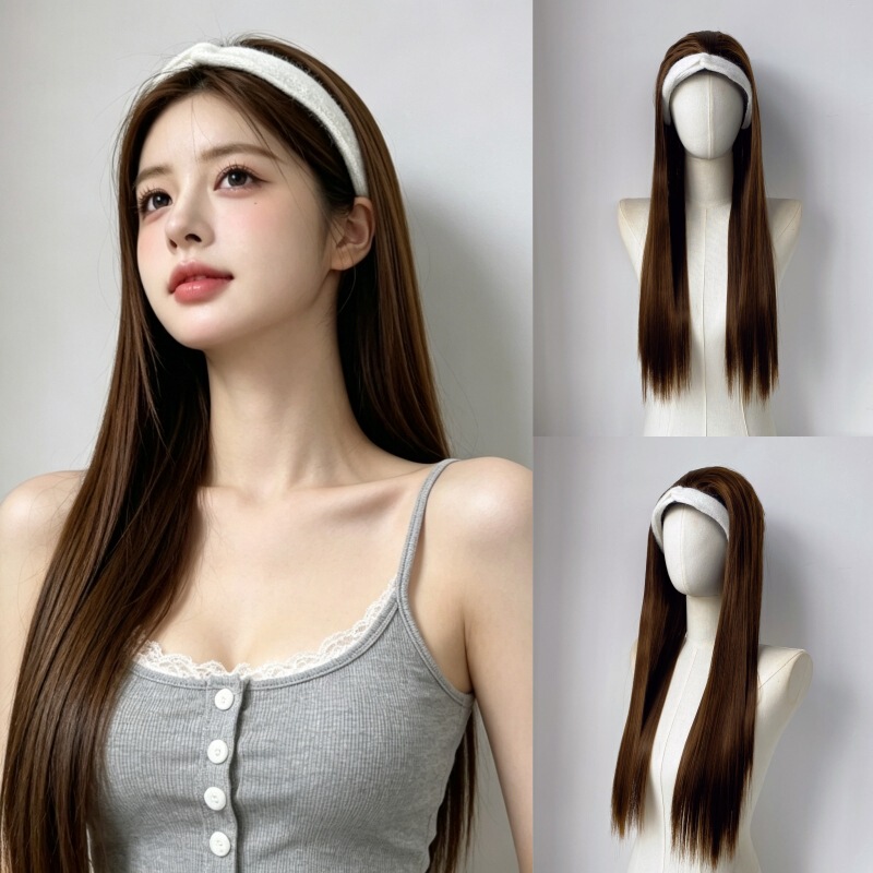 TikTok hot-selling new product from the manufacturer: women's lazy headband with integrated long straight hair half wig, in stock for dropshipping