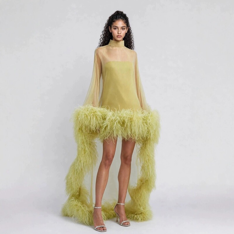 2026 European and American Amazon AliExpress Independent Site Cross-Border New Elegant Mesh Feather Patchwork Dress 2026 European and American Amazon AliExpress Independent Site Cross-Border New Elegant Mesh Feather Patchwork Dress