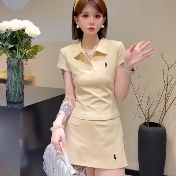 韓国ポニー刺繍スーツレディースピュアコットンポロカラー半袖Tシャツサマースポーツハイウエストスカート2点セット|undefined