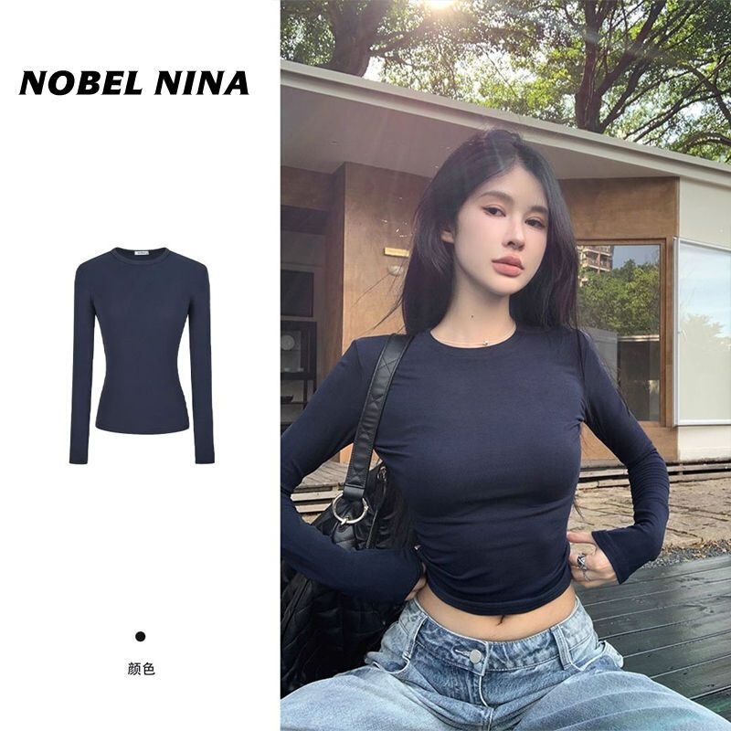 250g Ice Silk Ribbed Long-Sleeve T-Shirt for Women, New Spring and Autumn Style, Solid Color, Regular Shoulder, Round Neck, Slim Fit Top