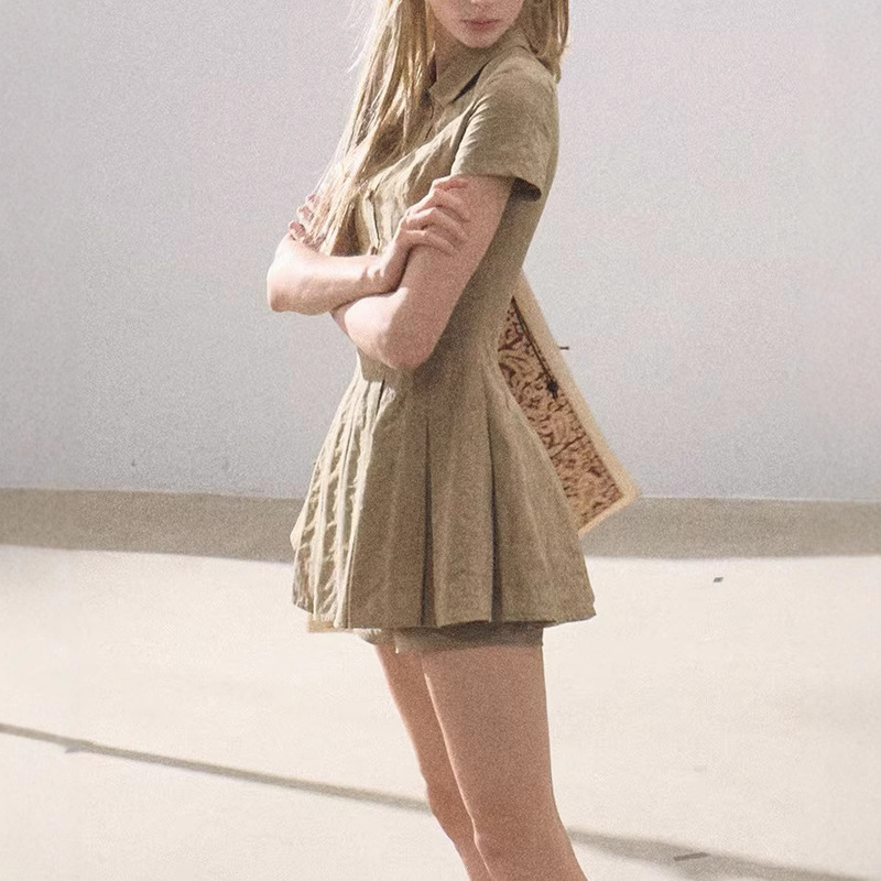 OAKMO/ "Wind Like a Girl" Cotton Academic Style Vertical Texture Shirt dress Pleated Skirt