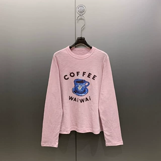 大牌平替外贸服装靛蓝咖啡纯棉长袖t恤女圆领休闲宽松女装上衣