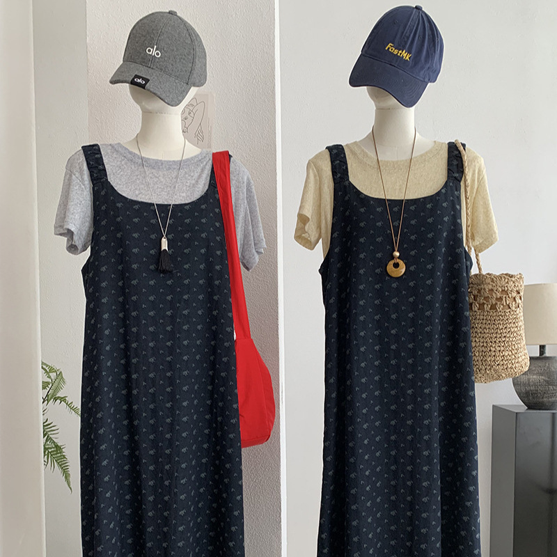Kekezoon Floral Suspender Skirt Mid-Length Dress with a Slimming Look and Elegant Style, Paired with a T-Shirt Two-Piece Set for Women 7671