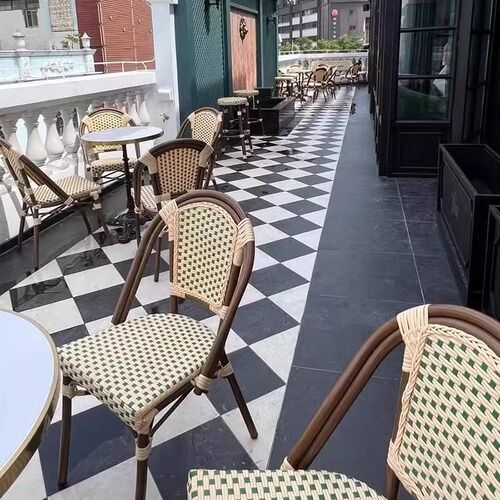 Outdoor onyx marble dining table French café restaurant milk tea shop bed and breakfast vintage wicker furniture set